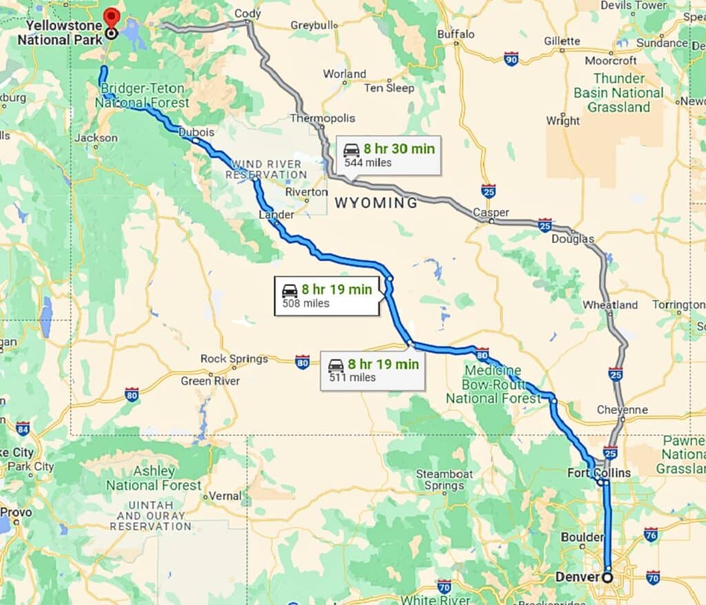 Denver to Yellowstone road trip map